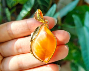 Genuine Baltic Amber Jewelry | Egg-Yolk Amber Pendant  | Handmade Gold-Plated Silver