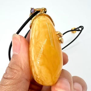 May include: A pendant necklace featuring a large, oblong, amber-colored stone with a gold-colored clasp and accents. A small purple gemstone is set into the clasp. The necklace has a black cord.