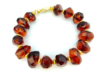 Dark Cognac Baltic Amber Bracelet: Natural Healing Stone Jewelry