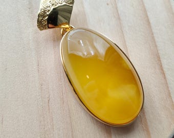 Genuine Baltic Amber Jewelry | Egg-Yolk Amber Pendant  | Handmade Gold-Plated Silver