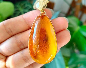 Bijoux en ambre de la Baltique véritable | Pendentif en ambre jaune d'oeuf | Argent plaqué or fait main