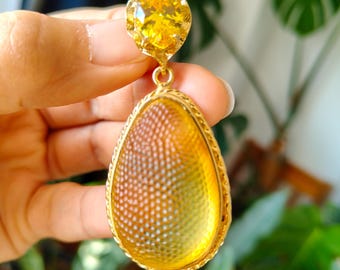 Matte Baltic Amber Pendant: Citrine, Gold-Plated Silver Statement Jewelry