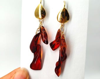 Raw Cognac Baltic Amber Earrings: Gold-Plated Dangle Jewelry  Gift for Her