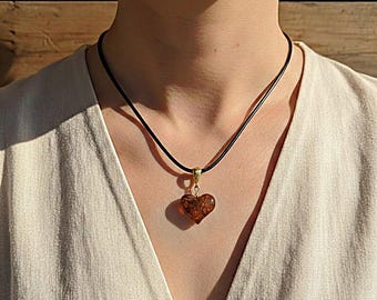 Genuine Amber Heart Necklace, Romantic Valentine's Day Gift for Her, Cognac Amber Pendant