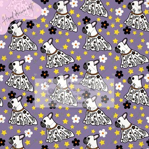 Puede incluir: Un patrón repetitivo con Bulldogs franceses blancos adornados con diseños florales, sobre un fondo lavanda. El diseño incluye estrellas amarillas, flores negras y blancas, y el texto "Hand drawn art!" y "High Quality Print 300 DPI Seamless".