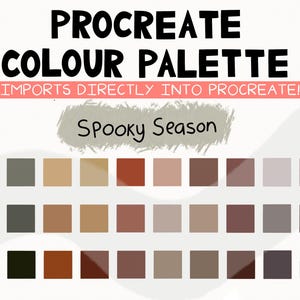 May include: A digital color palette for Procreate, labeled "Spooky Season." The image features a grid of 28 color swatches in shades of gray, brown, and red. Text at the top reads "Procreate Colour Palette," with a banner stating "Imports Directly Into Procreate!"