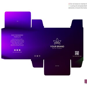May include: A purple and black box packaging template with a white logo and text that says "EASY PACKAGING TEMPLATE" and "YOUR BRAND EDIT BY YOURSELF".