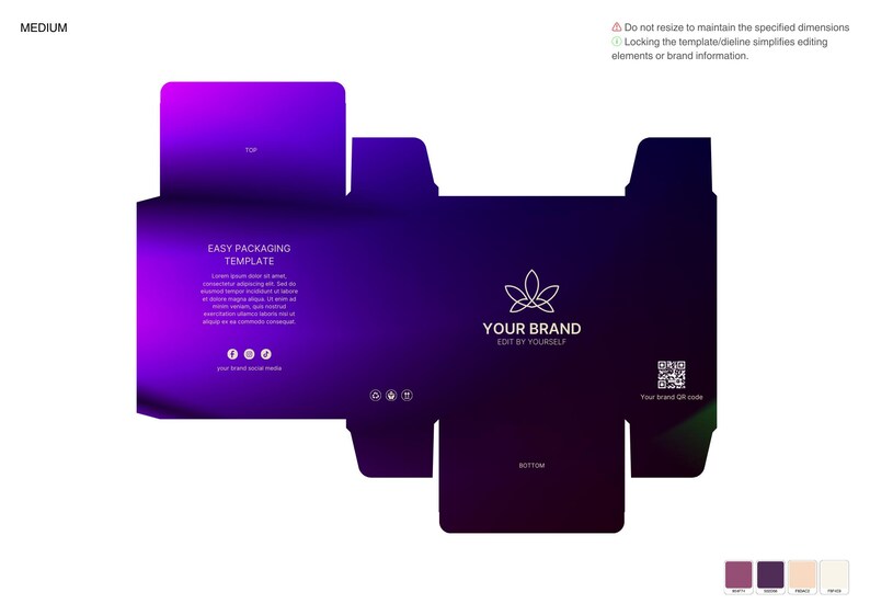 May include: A purple and black box packaging template with a white logo and text that says "EASY PACKAGING TEMPLATE" and "YOUR BRAND EDIT BY YOURSELF".