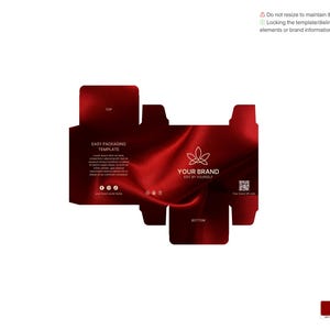 May include: A red box packaging template with a silk-like texture and a white leaf design. The text "YOUR BRAND EDIT BY YOURSELF" is printed on the box. The box is labeled "EASY PACKAGING TEMPLATE".