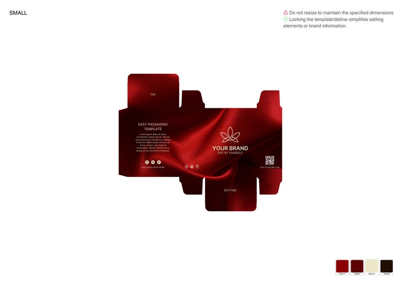 May include: A red box packaging template with a silk-like texture and a white leaf design. The text "YOUR BRAND EDIT BY YOURSELF" is printed on the box. The box is labeled "EASY PACKAGING TEMPLATE".