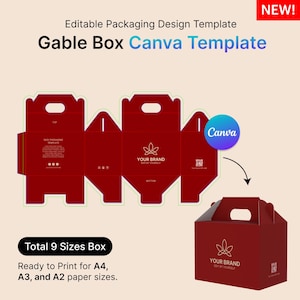 Modèle d'emballage de boîte à pignons pour toile, emballage de produit modifiable, comprend une ligne de découpe pour Cricut et Silhouette Cameo