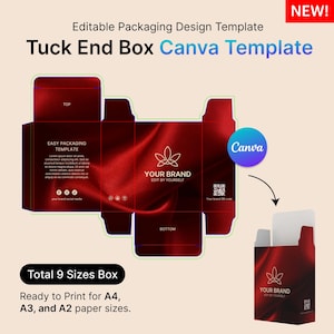 May include: A red tuck end box packaging template for Canva. The template features a red silk-like background with a white leaf design and the text "YOUR BRAND EDIT BY YOURSELF". The template is available in 9 sizes and is ready to print for A4, A3, and A2 paper sizes.