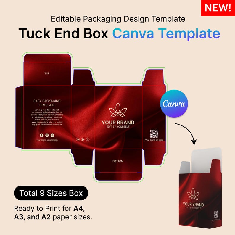 May include: A red tuck end box packaging template for Canva. The template features a red silk-like background with a white leaf design and the text "YOUR BRAND EDIT BY YOURSELF". The template is available in 9 sizes and is ready to print for A4, A3, and A2 paper sizes.