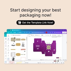 May include: A computer screen displaying a Canva design template for a tuck end box. The box is purple with a glitter texture and features a logo and text. The screen also shows a variety of design elements and tools.