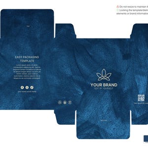 May include: A blue box packaging template with a watercolor effect. The box has a logo with the text "YOUR BRAND EDIT BY YOURSELF" and a QR code. The text "EASY PACKAGING TEMPLATE" is on the back of the box.