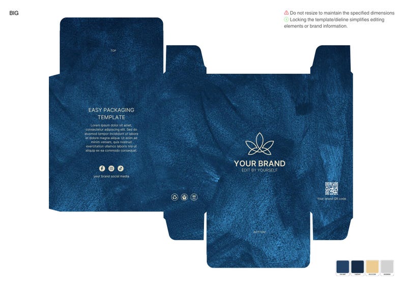 May include: A blue box packaging template with a watercolor effect. The box has a logo with the text "YOUR BRAND EDIT BY YOURSELF" and a QR code. The text "EASY PACKAGING TEMPLATE" is on the back of the box.