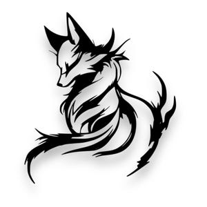 May include: A black and white stylized illustration of a fox in a sitting position. The fox has a detailed design with sharp lines and a flowing tail. The image is on a white background. The bottom of the image has file type abbreviations.