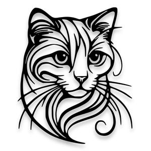 Könnte beinhalten: Schwarz-weißes Katzengesicht-Design. Das Gesicht der Katze wird mit fließenden Linien und Wirbeln dargestellt, wodurch eine stilisierte, künstlerische Darstellung entsteht. Das Design umfasst die Augen, die Nase, die Schnurrhaare und die Ohren der Katze. Das Bild ist vor einem weißen Hintergrund.
