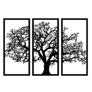 May include: Three-panel black metal tree wall art. Each panel showcases a detailed tree silhouette with intricate branches and a solid trunk against a white backdrop. The image's base displays file format options. A modern, nature-inspired decor piece.