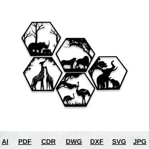 File di taglio laser di animali da safari / File digitali DXF SVG Ai di fauna selvatica africana / Taglio laser per laser / Download immediato di leone, elefante, giraffa