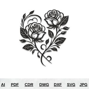 Herz mit Rosen Wand Kunst Dxf svg Pdf Ai Laser Cut Dateien | Elegante Blumen Dxf für Cnc | Schnittdatei für Cnc-Plasma | Valentinstag Digitaler Download