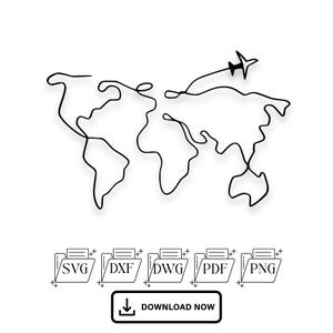 May include: A black line drawing of a world map with an airplane flying across it. Below the map are icons labeled SVG, DXF, DWG, PDF, and PNG. A button at the bottom says "DOWNLOAD NOW".