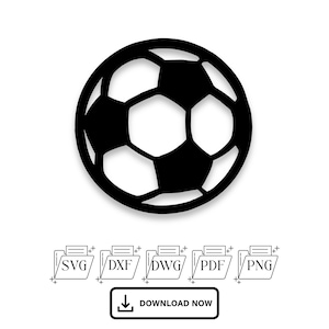 May include: Black and white soccer ball graphic. The image includes file type icons for SVG, DXF, DWG, PDF, and PNG, along with a "DOWNLOAD NOW" button.