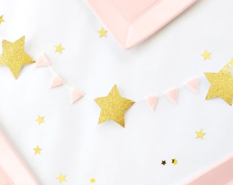 Gold Star Garland  - Star Table Runner - Gold and Pink Felt Garland - Tiny Triangle Star Banner - Princess Nursery Banner - Princess Party