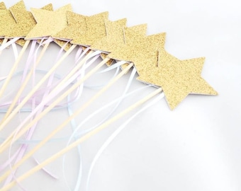 Pastel GOLD Glitter Star Wands -Gold Star Wands - Princess Wand - Glitter Star  Ribbon Wand - Princess Party Favor - Simple Pastel Wand