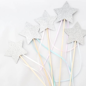 Silver Star Frozen Party Favors - Silver Glitter Princess Wands - Elsa Frozen Wands Silver and Aqua Blue Ribbon Wands - Wood Glitter Star