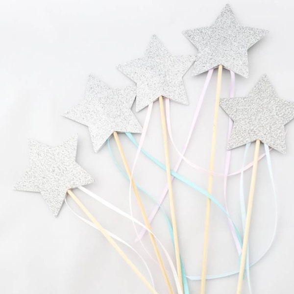 Silver Star Frozen Party Favors - Silver Glitter Princess Wands - Elsa Frozen Wands Silver and Aqua Blue Ribbon Wands - Wood Glitter Star