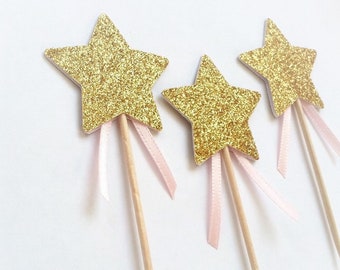 Gold Glitter Star Cupcake Toppers – Princess Party Decorations (Set of 12)