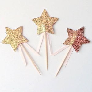 12+Gold Star Fairy Zauberstab Cupcake Topper - Gold Glitzer Cupcake Stern - Doppelseitig - Gold Geburtstag Prinzessin Party Kuchen Picks Zahnstocher Gold