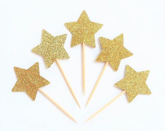 Gold Glitter Star Cupcake Toppers – Double Sided Party Picks