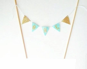 ONE Felt Cake Bunting - Felt Bunting Mint Garland - Gold Cake Banner Party Decor -Cake Topper Gold Glitter Bunting - Mint First Birthday ONE