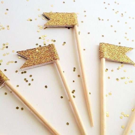 12 Gold Flag Tiny Cupcake Flag Topper - Gold Mini Cupcake Banner - Golden Birthday Party Pick -Gold Glitter Topper Dessert Pick Gold Decor Il_570xn