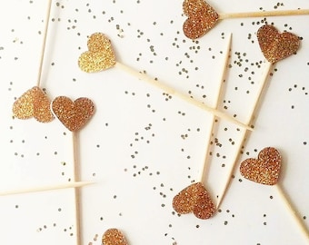 Gold Glitter Heart Cupcake Toppers – Birthday Party Picks (Set of 12+)