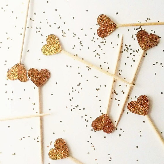 Dozen+ TINY Cupcake Topper Gold Heart Cupcake Topper - Gold Glitter Cupcake Heart - Golden Birthday Party Picks -Cake Topper Toothpick Gold Il_570xn