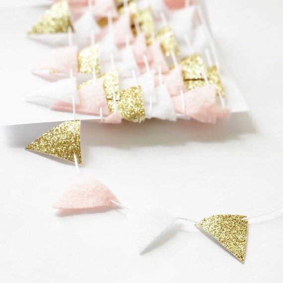 3-12ft Pink and Gold Felt Bunting - Tiny Fabric Bunting -Pink Wall Hanging -Pink Girls Nursery Triangle Party Banner - Baby Pink Birthday Il_570xn