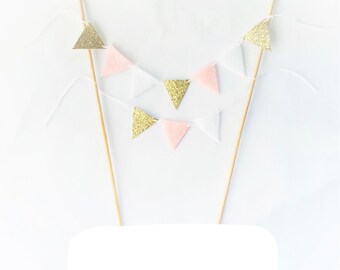 Pink and Gold Felt Cake Bunting - Tiny Fabric Bunting -Pink Cake Topper -Pink Girls Triangle Cake Banner Party Banner - Baby Pink Birthday