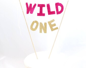 Pink Wild One Cake Topper - Hot Pink Gold Glitter Cake Topper - Wild One Cake Smash - Girls First Birthday Cake Banner - Magenta 1st Cake