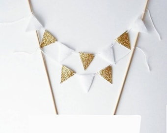 Wedding Cake Bunting - Felt Bunting Fabric Garland - Gold Cake Gold Party Decor - Cake Topper Marriage Gold Bunting -Gold White Cake Banner