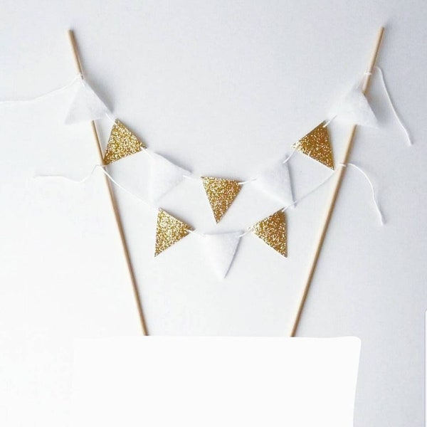 Wedding Cake Bunting - Felt Bunting Fabric Garland - Gold Cake Gold Party Decor - Cake Topper Marriage Gold Bunting -Gold White Cake Banner