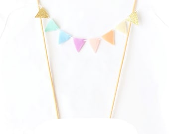 Neutral Rainbow Cake Topper - Felt Cake Bunting - Pastel Rainbow Bunting - Pastel Rainbow Party Decor - Gold Rainbow Cake Garland