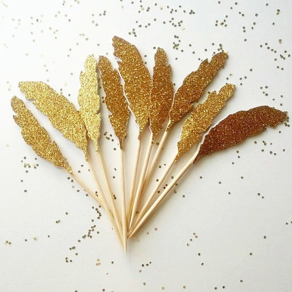 Dozen + Gold Feather Cupcake Toppers - Toucan Feather Cake Topper - Tropical Bird Party - Gold Glitter - Bridal Baby Shower Golden Birthday Il_570xn