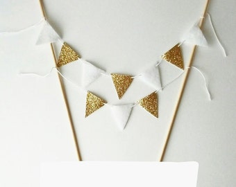 Wedding Cake Bunting - Felt Bunting Fabric Garland - Gold Cake Gold Party Decor - Cake Topper Marriage Gold Bunting -Gold White Cake Banner