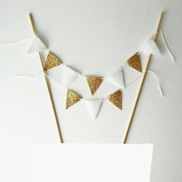 Wedding Cake Bunting - Felt Bunting Fabric Garland - Gold Cake Gold Party Decor - Cake Topper Marriage Gold Bunting -Gold White Cake Banner