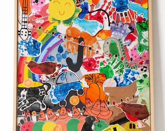 Custom Kids Art Collage – Kindergarten Children's Artwork on Wood Panel
