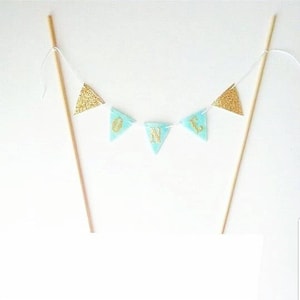 Baby Name Cake Bunting -Felt Bunting Garland - Gold Cake Banner - Fabric Cake Topper Gold Glitter Cake Topper First Birthday ONE year old