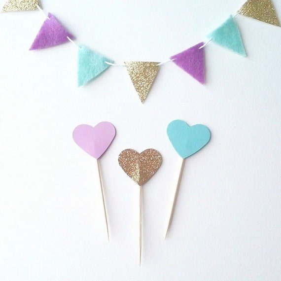 12+ Heart Cupcake Topper- Purple Mint and Gold Glitter Cupcake Heart - Mint Birthday Party Picks- Mermaid Party - Purple Gold Party Supplies Il_570xn
